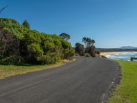 a bench sits on the edge of the empty road by the water's edge