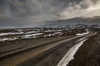 a dirt road under a gray sky with snow and rocks beside it in the foreground