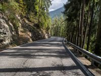 a long empty paved road on a mountain side surrounded by evergreen trees with mountains in the distance