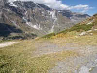 a brown animal walking down a narrow path next to the mountains and grass on a steep mountain