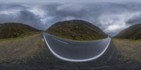 two images of a curved road between a mountain and the road with no cars on it