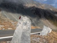 a road surrounded by tall rocks on a hillside with snow capped mountains behind it and a red traffic marker on the side