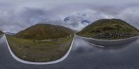 three panoramas of mountains and road going around in same direction to create a view