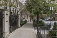 the sidewalk is lined with small bushes and shrubs to make the city look beautiful in autumn