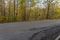 an empty road leading into the woods in the fall with yellow leaves surrounding it and yellow lining the pavement