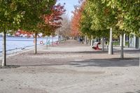 a sidewalk with trees in autumn on the shore line and people sitting at tables along the river