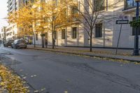 a street with autumn leaves all around, next to buildings and trees with yellow leaves on it