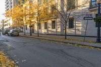 a street with autumn leaves all around, next to buildings and trees with yellow leaves on it