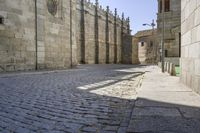 a street view of a cobblestone road in front of large, stone buildings