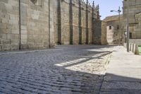 a street view of a cobblestone road in front of large, stone buildings