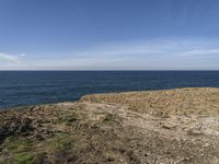 there is a blue sky that can be seen in the distance above the water and land