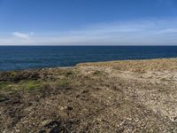 there is a blue sky that can be seen in the distance above the water and land