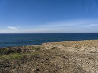 there is a blue sky that can be seen in the distance above the water and land