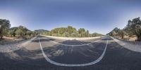 an empty roadway is in the middle of an arid area with trees and bushes around it