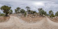 a dirt road on top of a hill and a few trees near by, in front of clouds