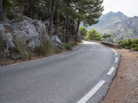 the road is steeply in to a mountainous valley with rocks and trees growing along it