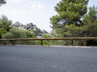 a road going past some trees with mountains in the background and a fence to protect it from the wind