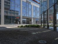 an open courtyard with a sidewalk and building in the background, and a small sign in between two tall glass buildings