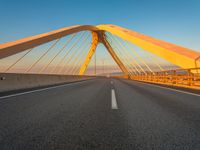 a large metal bridge with multiple cables extending out over a road, in the evening