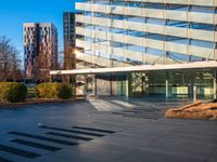 a building and its reflection in the glass on the pavement of a street with trees