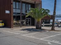 an empty parking space in front of an office building with palm trees and parked cars