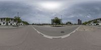 a empty street is seen through the fisheye lense on a camera lens tripod