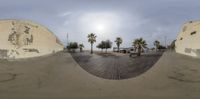 a fish eye lens shot of an old building by the beach and palm trees of a city