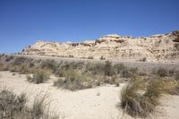 an arid area with lots of vegetation and some tall rocks behind it, while the road passes through