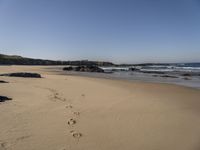 a sandy beach next to the ocean with footprints on the sand and water coming in