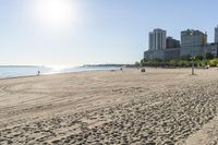 a beach area with a few people walking and a large city on the horizon in the background