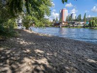 the beach in front of the city building has water and sand around it, with trees and grass