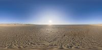 a panoramic view of a sandy beach and horizon of a large body of water