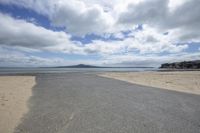 a wide open sandy beach and ocean with a couple of rocks in the foreground