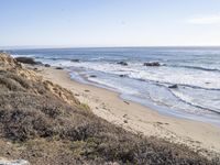 beach scene with water and sand near grassy hills and rocks near ocean shore with rocks on shoreline