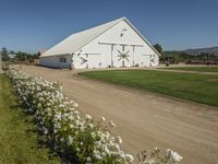 there is a white barn with flowers in the foreground and mountains in the distance