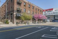 the sidewalk and parking is covered with a lot of trees and flowers in the middle of a city street