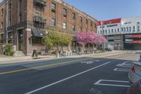 the sidewalk and parking is covered with a lot of trees and flowers in the middle of a city street