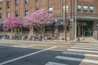 the sidewalk and parking is covered with a lot of trees and flowers in the middle of a city street