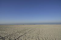 people walk on sand at a beach, near the ocean in the distance is a sky with few cloudless, and blue skies