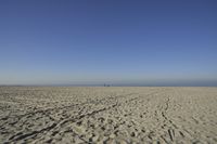 people walk on sand at a beach, near the ocean in the distance is a sky with few cloudless, and blue skies