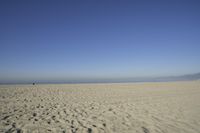 people walk on sand at a beach, near the ocean in the distance is a sky with few cloudless, and blue skies