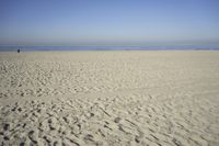 people walk on sand at a beach, near the ocean in the distance is a sky with few cloudless, and blue skies