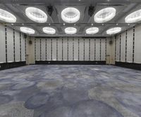 there is a picture of an open room with carpet, two doors and round lights