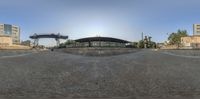 there is a panoramic view looking over a park in front of a building