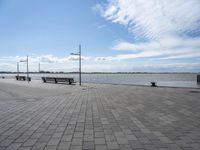 a bench sits near the water and some poles with lights above it on a sidewalk