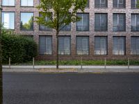 a fire hydrant stands in front of an apartment building that has windows, bushes and a tree