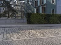 a person on a sidewalk in front of buildings and some shrubs by the fence is green