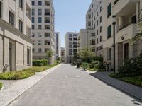 one long and narrow driveway in the middle of an empty city street with many buildings in the background