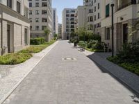 one long and narrow driveway in the middle of an empty city street with many buildings in the background