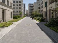 one long and narrow driveway in the middle of an empty city street with many buildings in the background